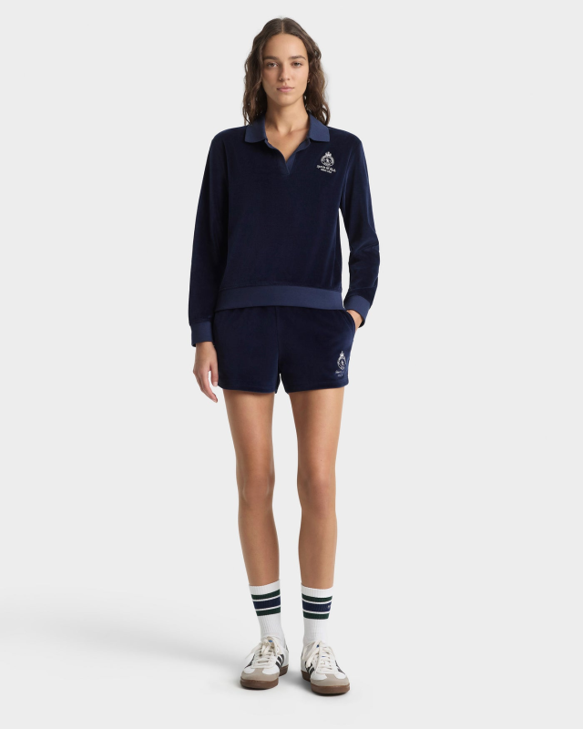SPORTY&RICH CROWN TENNIS VELOUR POLO - NAVY/ECRU