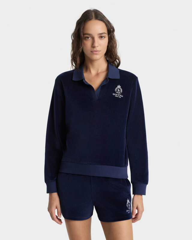 SPORTY&RICH CROWN TENNIS VELOUR POLO - NAVY/ECRU