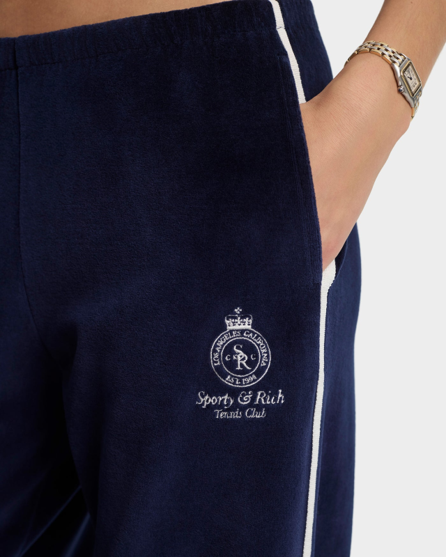 SPORTY&RICH CROWN TENNIS VELOUR SWEATPANT - NAVY/ECRU