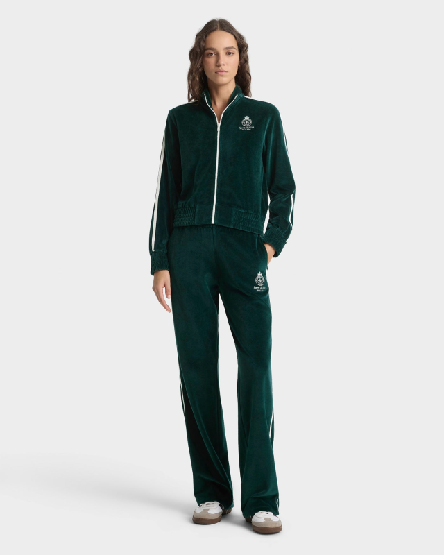 SPORTY&RICH CROWN TENNIS ELIO VELOUR TRACK JACKET - FOREST/ECRU