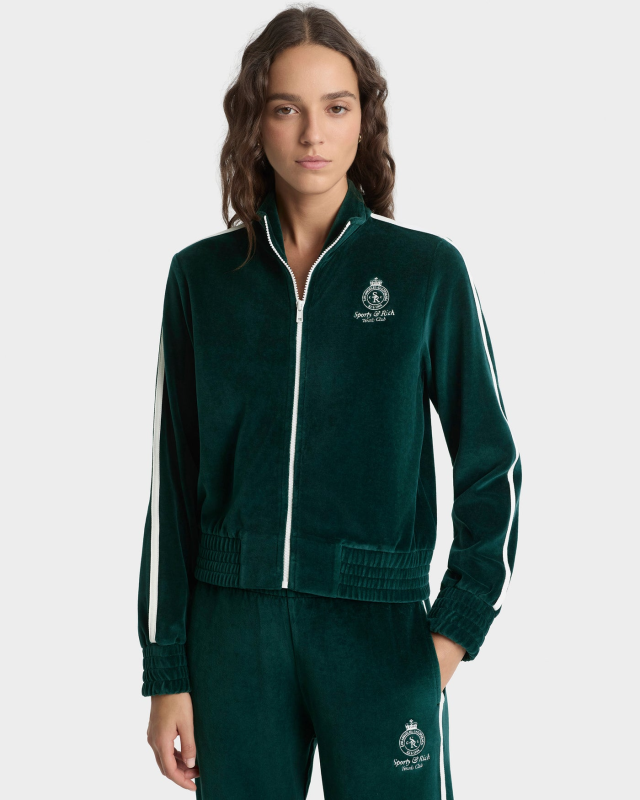 SPORTY&RICH CROWN TENNIS ELIO VELOUR TRACK JACKET - FOREST/ECRU