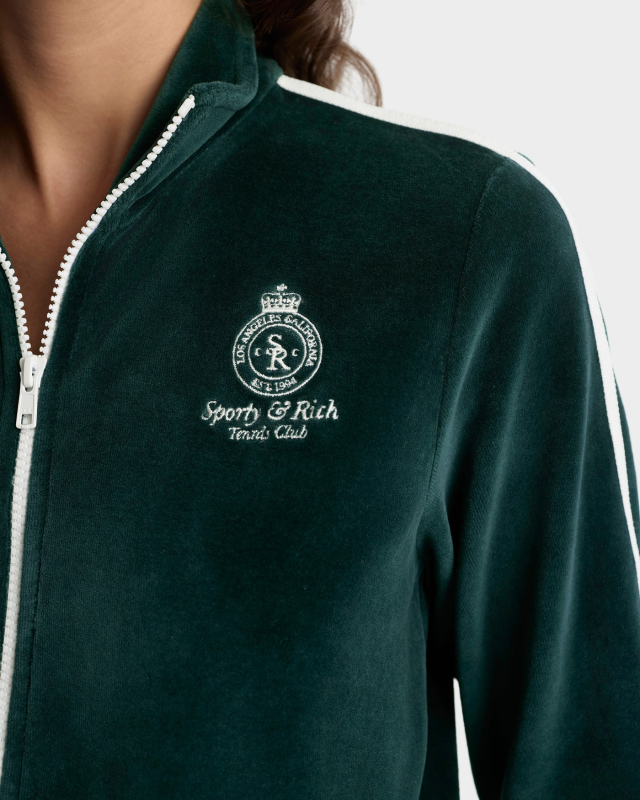 SPORTY&RICH CROWN TENNIS ELIO VELOUR TRACK JACKET - FOREST/ECRU