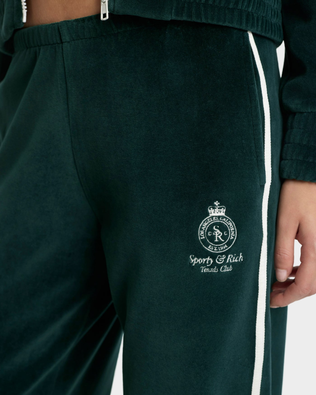 SPORTY&RICH CROWN TENNIS VELOUR SWEATPANT - FOREST/ECRU