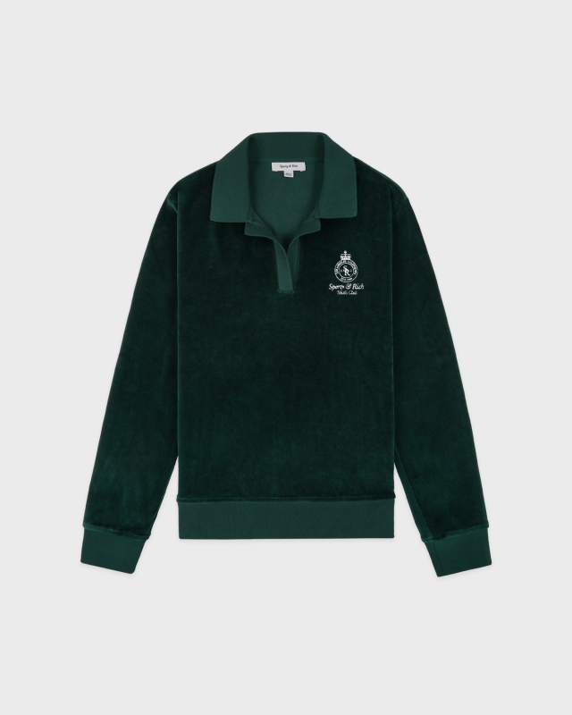 SPORTY&RICH CROWN TENNIS VELOUR POLO - FOREST/ECRU