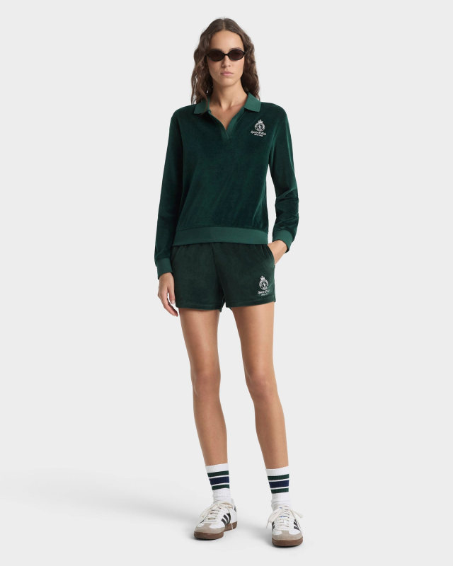 SPORTY&RICH CROWN TENNIS VELOUR POLO - FOREST/ECRU