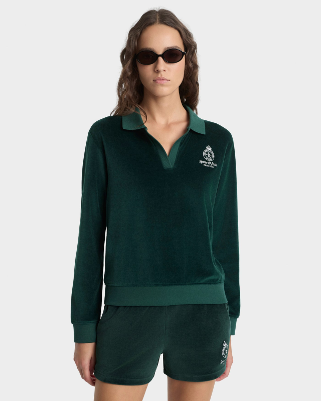 SPORTY&RICH CROWN TENNIS VELOUR POLO - FOREST/ECRU