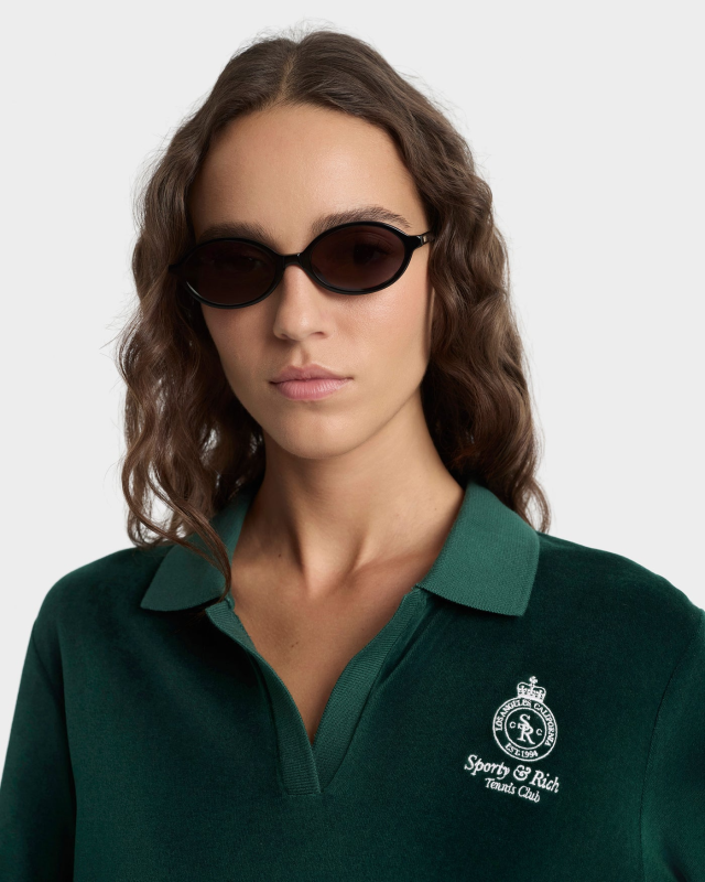 SPORTY&RICH CROWN TENNIS VELOUR POLO - FOREST/ECRU