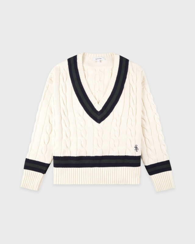 SPORTY&RICH SRC CABLEKNIT V-NECK SWEATER - ECRU/NAVY/FOREST