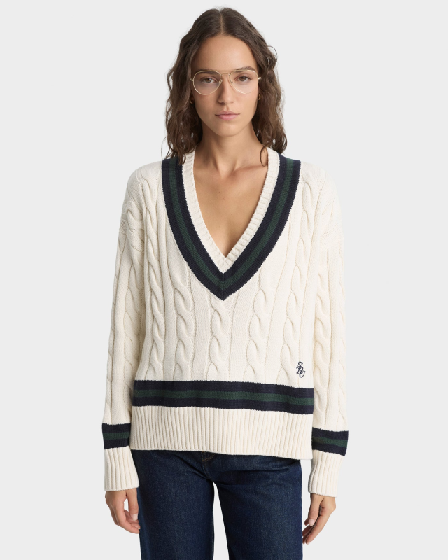 SPORTY&RICH SRC CABLEKNIT V-NECK SWEATER - ECRU/NAVY/FOREST