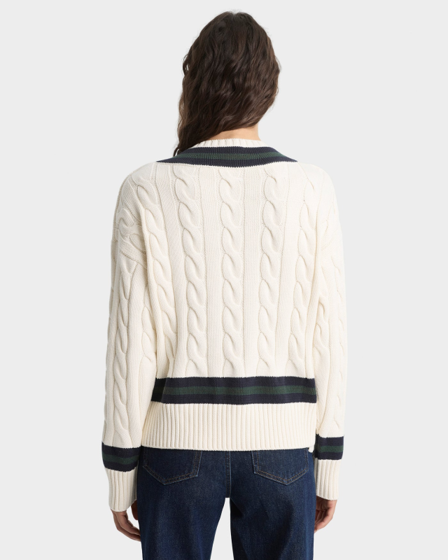 SPORTY&RICH SRC CABLEKNIT V-NECK SWEATER - ECRU/NAVY/FOREST