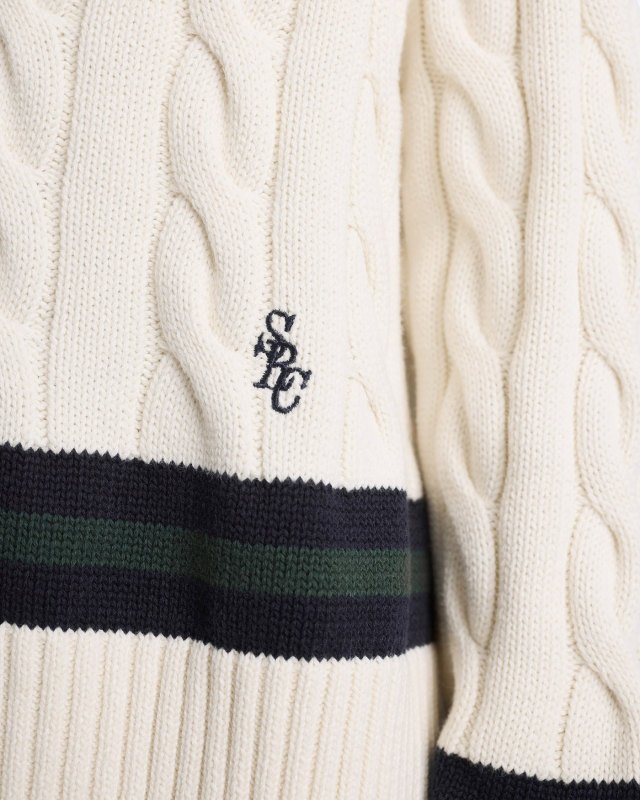SPORTY&RICH SRC CABLEKNIT V-NECK SWEATER - ECRU/NAVY/FOREST