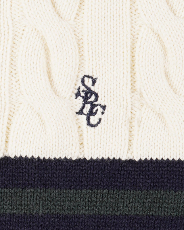SPORTY&RICH SRC CABLEKNIT V-NECK SWEATER - ECRU/NAVY/FOREST