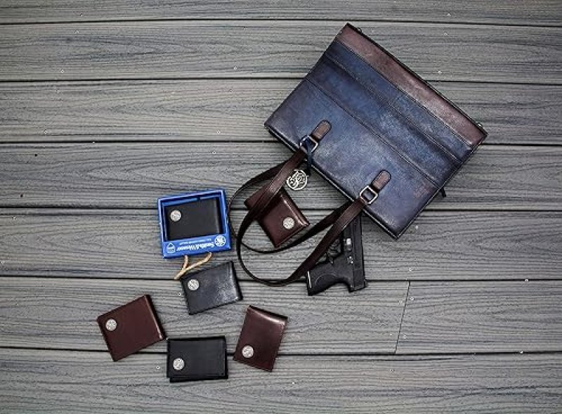 SMITH WESSON CONCEALED CARRY HANDBAG ELEGANT LEATHER PURSE WITH SECURE CCW COMPARTMENT, BLUE BROWN