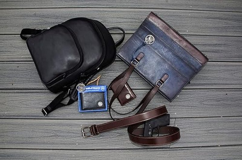 SMITH WESSON CONCEALED CARRY HANDBAG ELEGANT LEATHER PURSE WITH SECURE CCW COMPARTMENT, BLUE BROWN