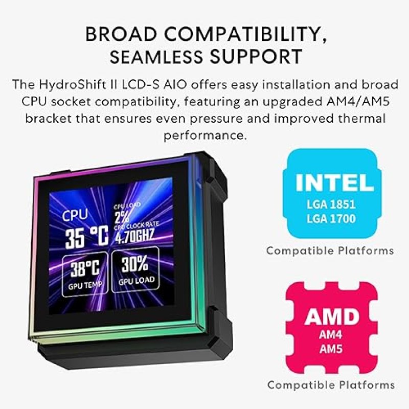 LIAN LI HYDROSHIFT II-S LCD 360MM LIQUID CPU COOLER WITH 3.4 IPS SCREEN, LOW NOISE, BLACK