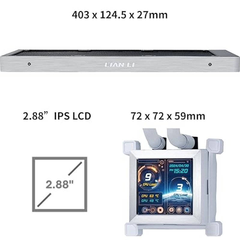 LIAN LI HYDROSHIFT LCD 360 LIQUID COOLER WHITE WITH 2.88 LCD, FLEXIBLE COOLANT PATHWAY