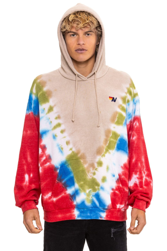 AVIATOR NATION  HAND DYED V RELAXED PULLOVER HOODIE - TIE DYE SAND // BLUE RED