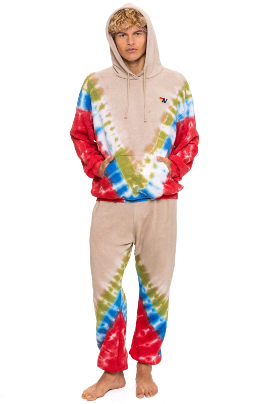 AVIATOR NATION  HAND DYED V RELAXED PULLOVER HOODIE - TIE DYE SAND // BLUE RED