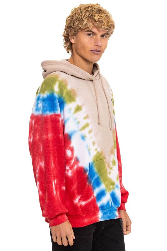 AVIATOR NATION  HAND DYED V RELAXED PULLOVER HOODIE - TIE DYE SAND // BLUE RED