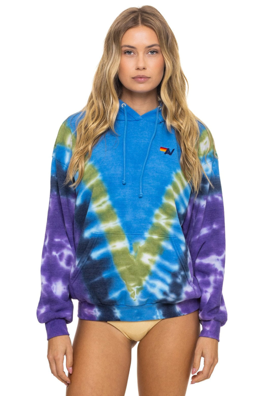 AVIATOR NATION HAND DYED V RELAXED PULLOVER HOODIE - TIE DYE OCEAN // PURPLE