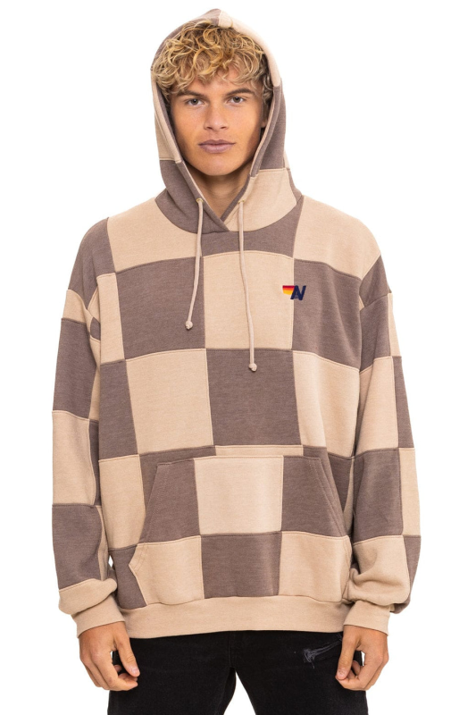 AVIATOR NATION CHECK QUILT RELAXED PULLOVER HOODIE - SAND // TAUPE