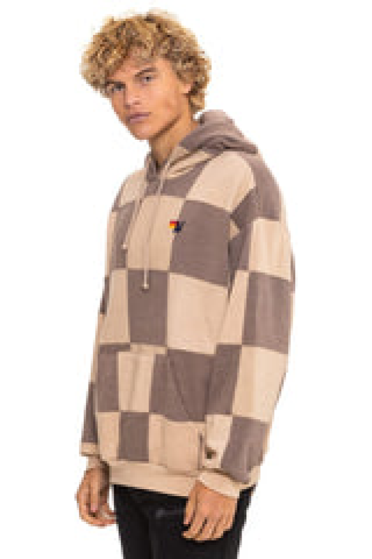 AVIATOR NATION CHECK QUILT RELAXED PULLOVER HOODIE - SAND // TAUPE