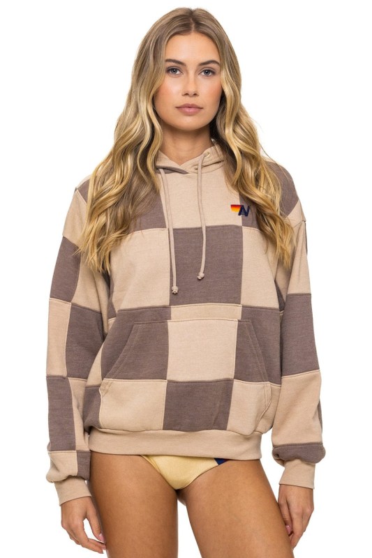 AVIATOR NATION CHECK QUILT RELAXED PULLOVER HOODIE - SAND // TAUPE