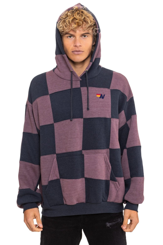 AVIATOR NATION CHECK QUILT RELAXED PULLOVER HOODIE - CHARCOAL // MOCHA