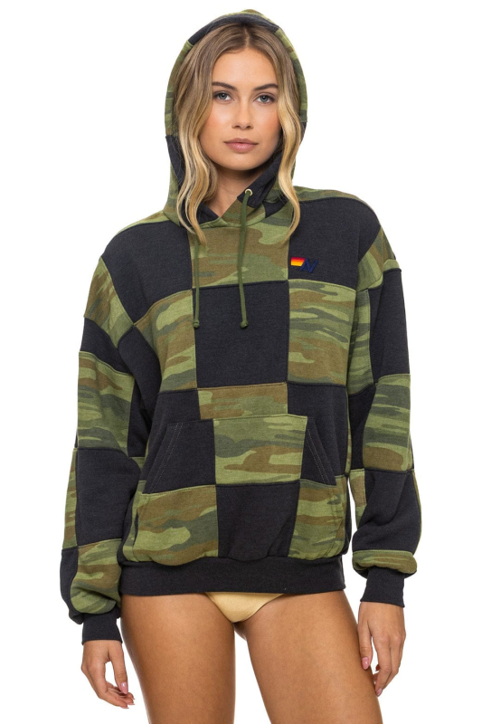 AVIATOR NATION CHECK QUILT RELAXED PULLOVER HOODIE - SMOKE // CAMO