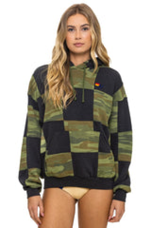 AVIATOR NATION CHECK QUILT RELAXED PULLOVER HOODIE - SMOKE // CAMO