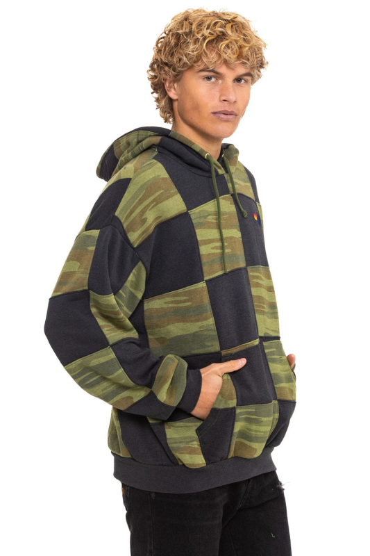 AVIATOR NATION CHECK QUILT RELAXED PULLOVER HOODIE - SMOKE // CAMO