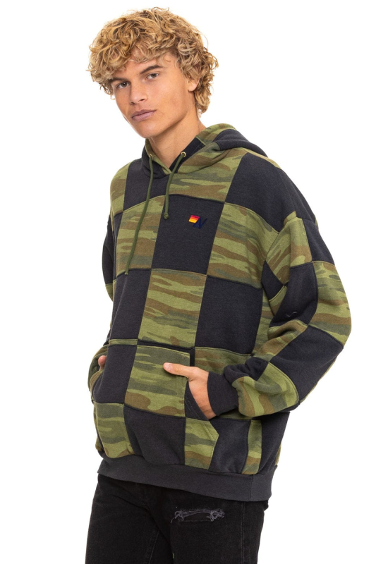 AVIATOR NATION CHECK QUILT RELAXED PULLOVER HOODIE - SMOKE // CAMO