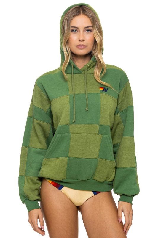 AVIATOR NATION CHECK QUILT RELAXED PULLOVER HOODIE - JUNGLE GREEN // PALM