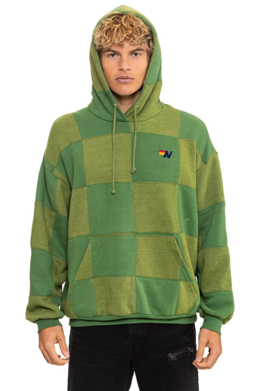 AVIATOR NATION CHECK QUILT RELAXED PULLOVER HOODIE - JUNGLE GREEN // PALM