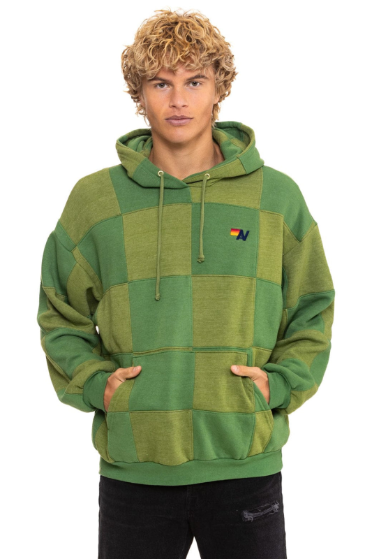 AVIATOR NATION CHECK QUILT RELAXED PULLOVER HOODIE - JUNGLE GREEN // PALM