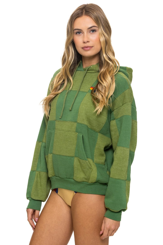 AVIATOR NATION CHECK QUILT RELAXED PULLOVER HOODIE - JUNGLE GREEN // PALM