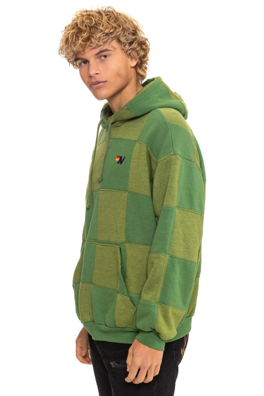 AVIATOR NATION CHECK QUILT RELAXED PULLOVER HOODIE - JUNGLE GREEN // PALM