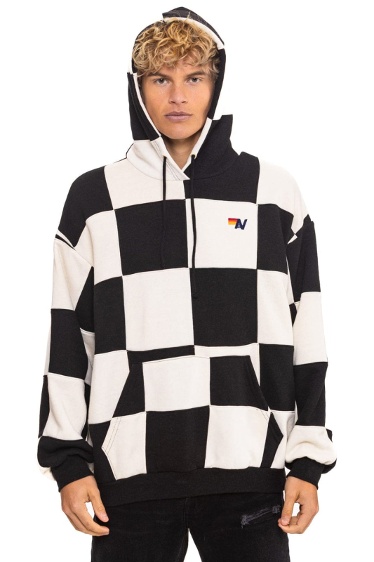 AVIATOR NATION CHECK QUILT RELAXED PULLOVER HOODIE - VINTAGE WHITE // BLACK
