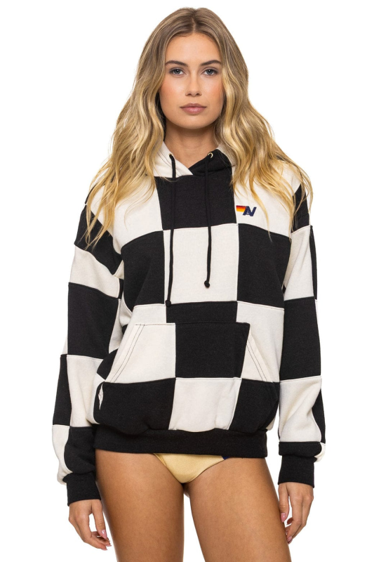 AVIATOR NATION CHECK QUILT RELAXED PULLOVER HOODIE - VINTAGE WHITE // BLACK