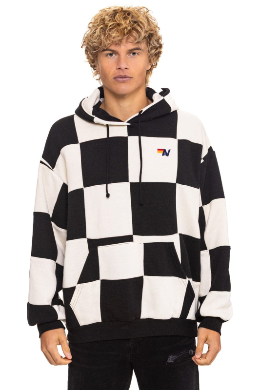 AVIATOR NATION CHECK QUILT RELAXED PULLOVER HOODIE - VINTAGE WHITE // BLACK