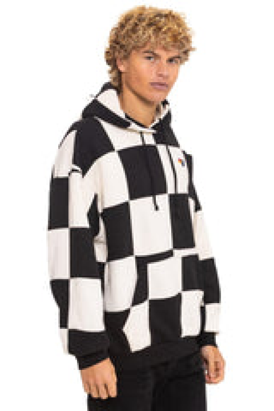AVIATOR NATION CHECK QUILT RELAXED PULLOVER HOODIE - VINTAGE WHITE // BLACK