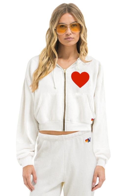 AVIATOR NATION HEART STITCH RELAXED CROP ZIP HOODIE - WHITE