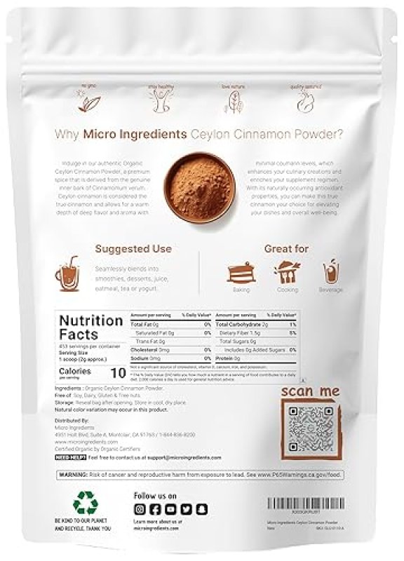 MICRO INGREDIENTS ORGANIC CEYLON CINNAMON POWDER 2 LB PURE SRI LANKA SPICE, NON-GMO, ADDITIVE-FREE BULK