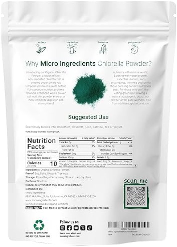 MICRO INGREDIENTS ORGANIC CHLORELLA POWDER 20OZ - RAW SUPERFOOD, HIGH PROTEIN, VITAMINS, NON-GMO, VEGAN