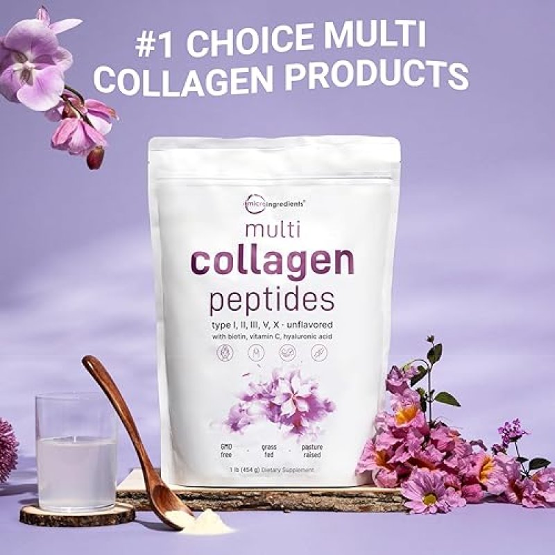 MICRO INGREDIENTS  MULTI COLLAGEN PEPTIDES POWDER 16OZ WITH HYALURONIC ACID, BIOTIN, VITAMIN C - KETO PALEO FRIENDLY