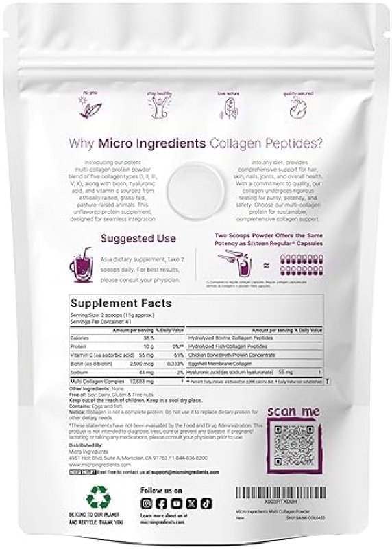 MICRO INGREDIENTS  MULTI COLLAGEN PEPTIDES POWDER 16OZ WITH HYALURONIC ACID, BIOTIN, VITAMIN C - KETO PALEO FRIENDLY