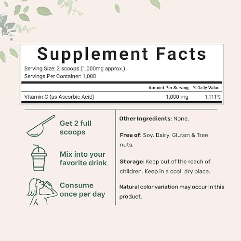MICRO INGREDIENTS VITAMIN C POWDER 2.2LBS PURE ASCORBIC ACID, NON-GMO, GLUTEN-FREE VITAMINS