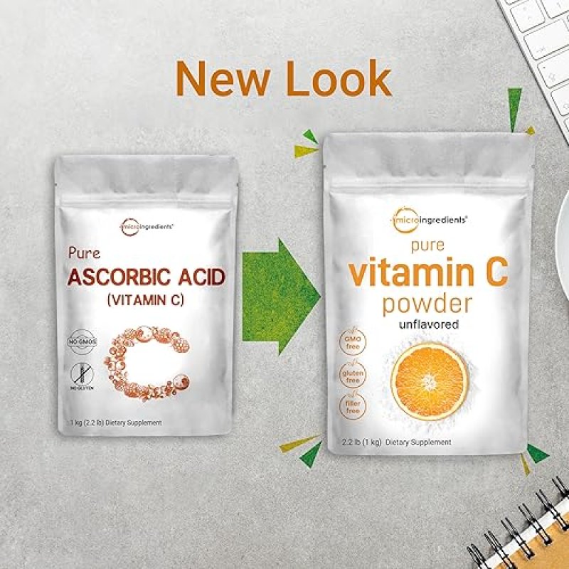 MICRO INGREDIENTS VITAMIN C POWDER 2.2LBS PURE ASCORBIC ACID, NON-GMO, GLUTEN-FREE VITAMINS