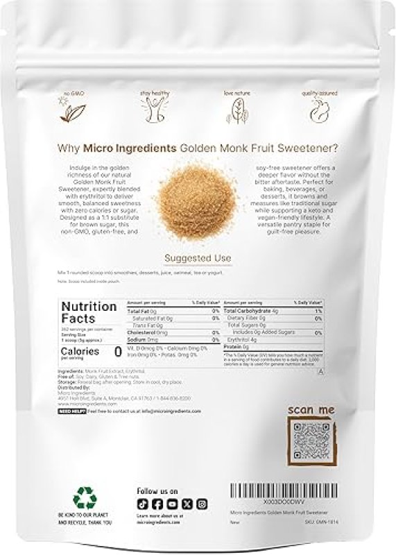 MICRO INGREDIENTS GOLDEN MONK FRUIT SWEETENER WITH ERYTHRITOL 4 LBS - KETO, ZERO CALORIE, VEGAN, NO GMO BROWN SUGAR SU