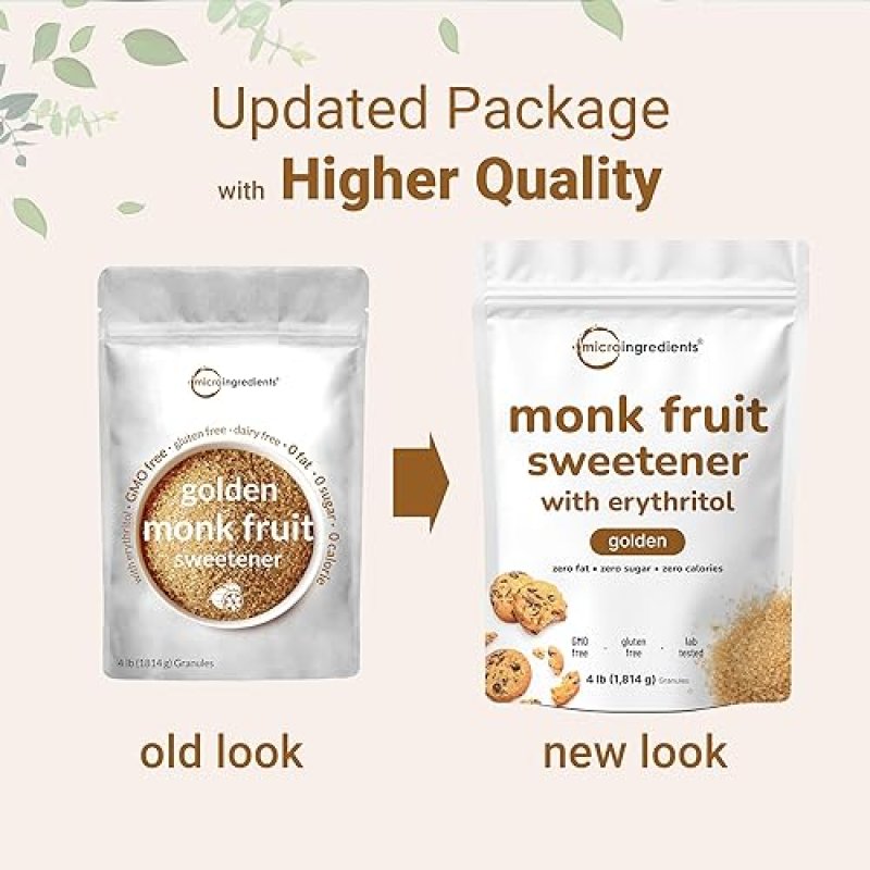 MICRO INGREDIENTS GOLDEN MONK FRUIT SWEETENER WITH ERYTHRITOL 4 LBS - KETO, ZERO CALORIE, VEGAN, NO GMO BROWN SUGAR SU